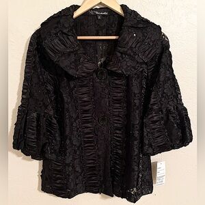 NWT Sexy Black Women M Button Up Lace Ruffle Blouse Cocktail Hour Balloon Sleeve